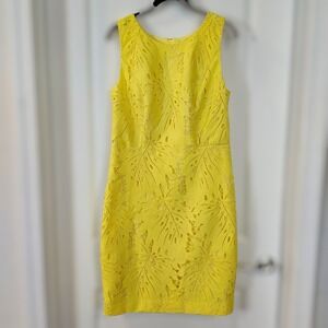RSVP by Talbots Yellow Dress Sheath shift Tropical Palm leaf cutout lace
